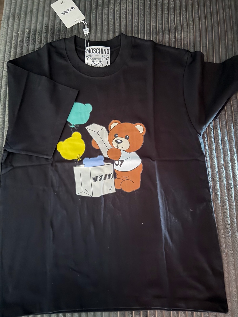 Moschino Black Tee with Teddy Bear and Colorful Balloons